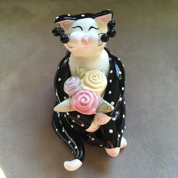 2001 Amy Lacombe Ceramic Black Polka Dot Tuxedo Cat Collectible Figurine - Picture 2 of 16